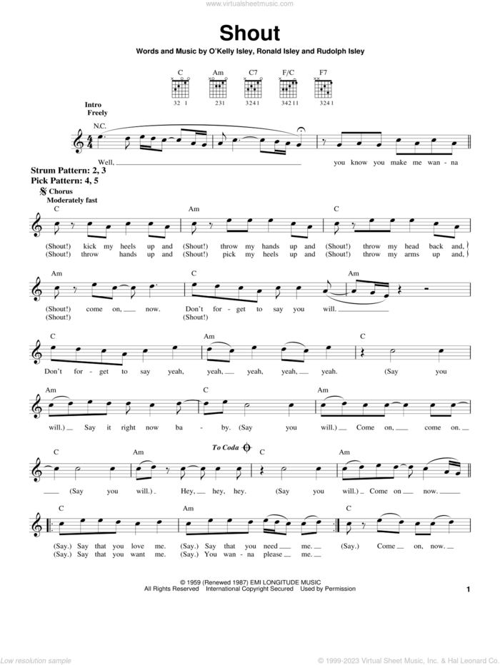 Shout sheet music for guitar solo (chords) by The Isley Brothers, O Kelly Isley, Ronald Isley and Rudolph Isley, easy guitar (chords)