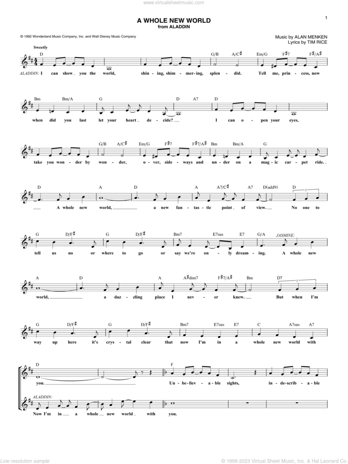 A Whole New World (from Aladdin) sheet music for voice and other instruments (fake book) by Tim Rice, Alan Menken and Alan Menken & Tim Rice, wedding score, intermediate skill level
