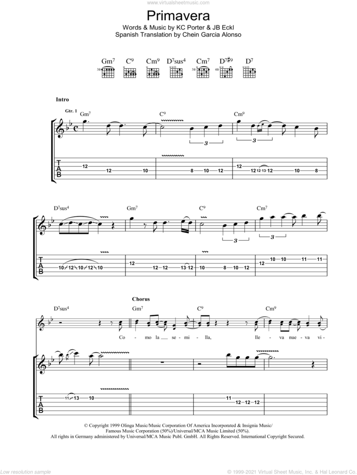 Primavera sheet music for guitar (tablature) by Carlos Santana, JB Eckl and KC Porter, intermediate skill level