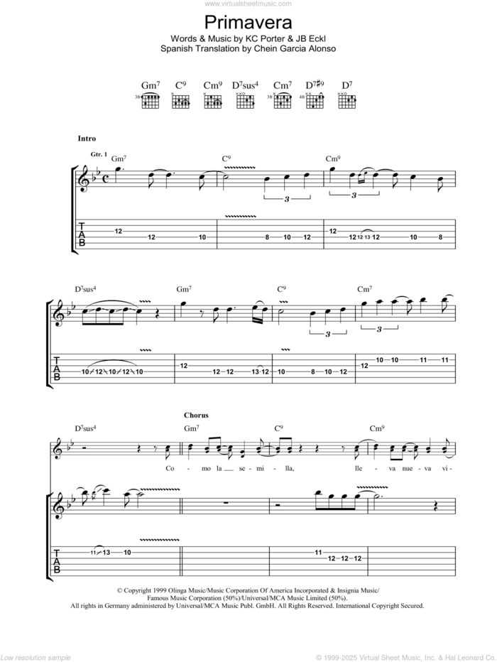 Primavera sheet music for guitar (tablature) by Carlos Santana, JB Eckl and KC Porter, intermediate skill level