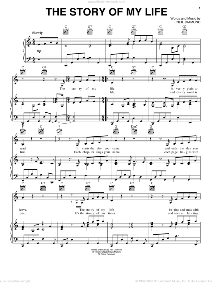 The Story Of My Life sheet music for voice, piano or guitar by Neil Diamond, intermediate skill level