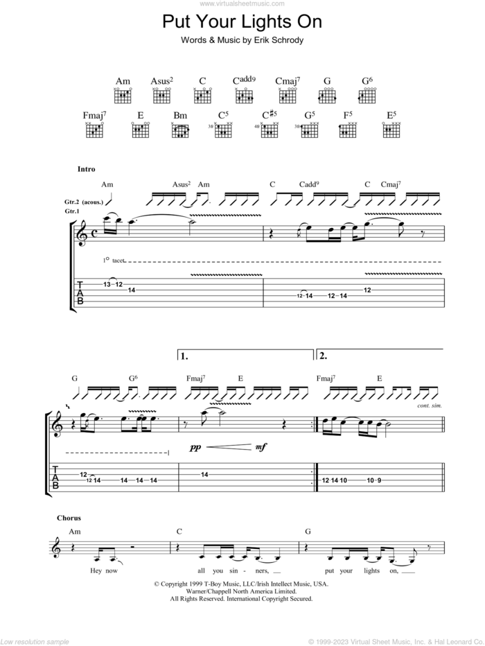 Put Your Lights On sheet music for guitar (tablature) by Carlos Santana and Erik Schrody, intermediate skill level