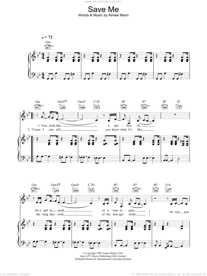 Save Me sheet music for voice, piano or guitar by Aimee Mann, intermediate skill level