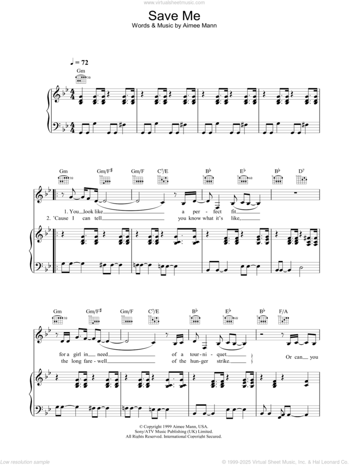 Save Me sheet music for voice, piano or guitar by Aimee Mann, intermediate skill level