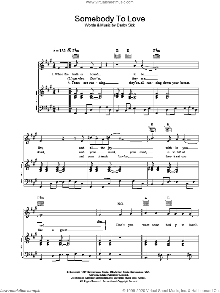 Somebody To Love sheet music for voice, piano or guitar by Jefferson Airplane and Darby Slick, intermediate skill level