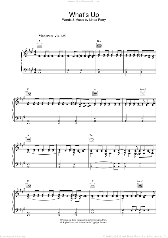 What's Up sheet music for voice, piano or guitar by 4 Non Blondes and Linda Perry, intermediate skill level