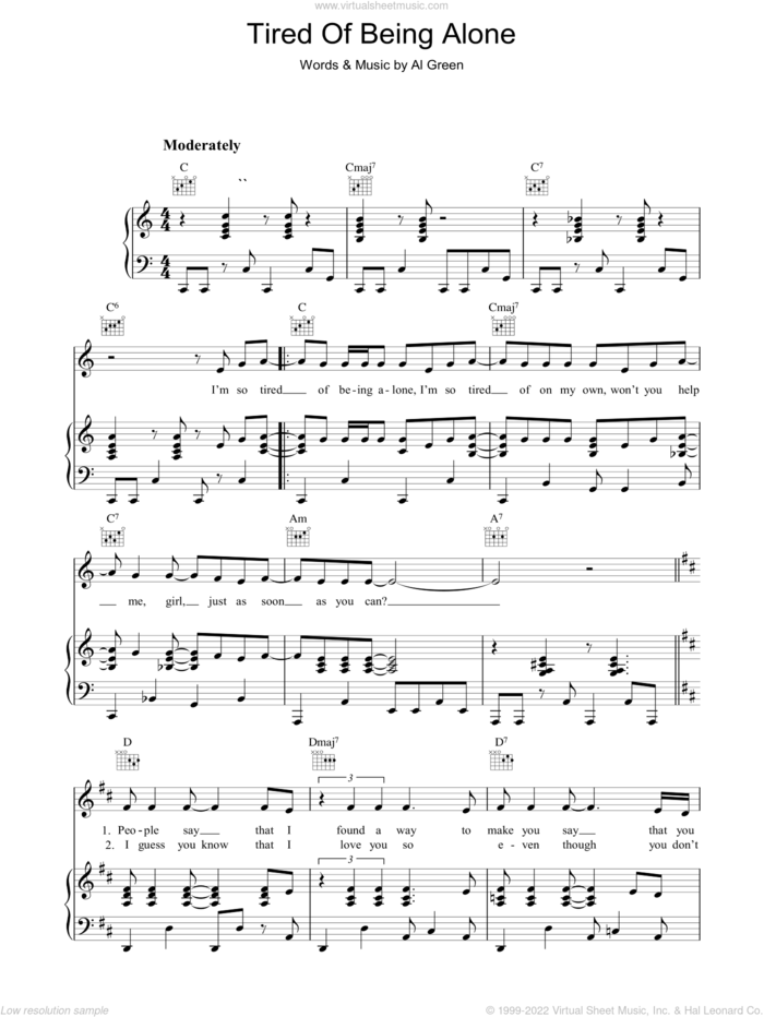 Tired Of Being Alone sheet music for voice, piano or guitar by Al Green, intermediate skill level