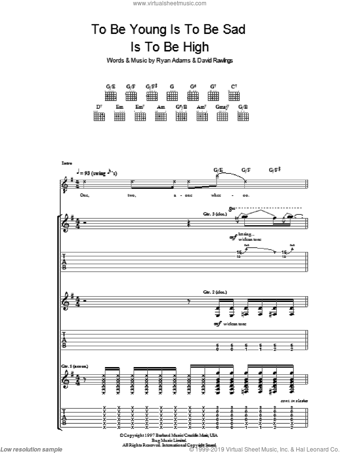 To Be Young (Is To Be Sad, Is To Be High) sheet music for guitar (tablature) by Ryan Adams and David Rawlings, intermediate skill level