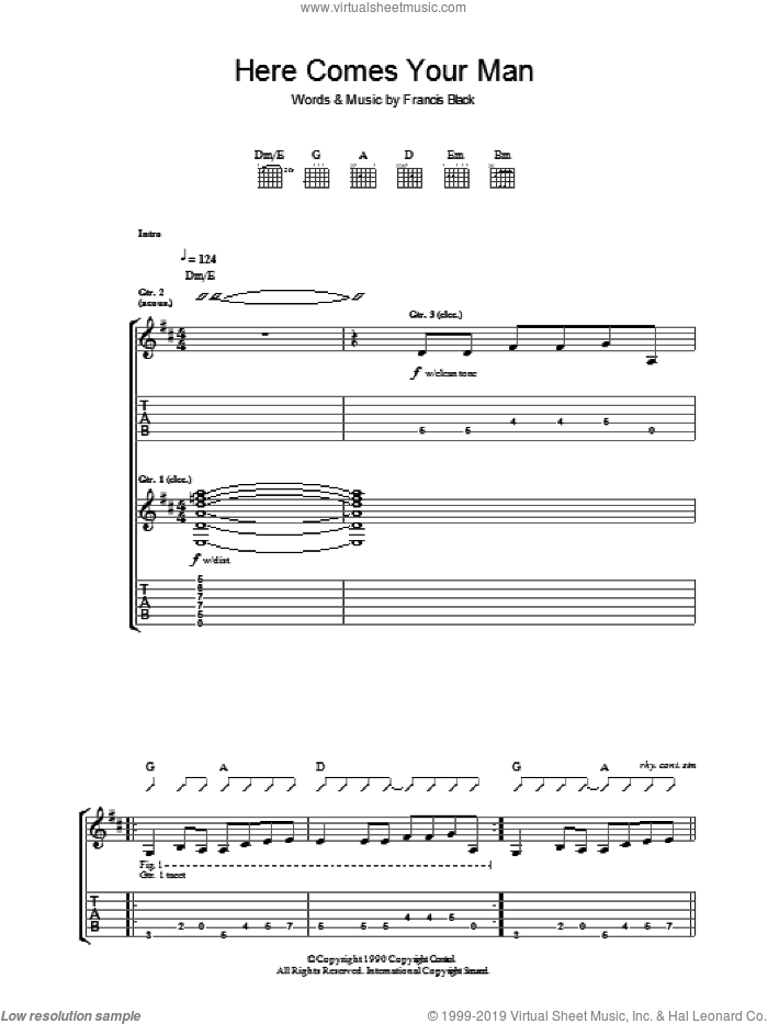 Here Comes Your Man sheet music for guitar (tablature) by Pixies and Francis Black, intermediate skill level