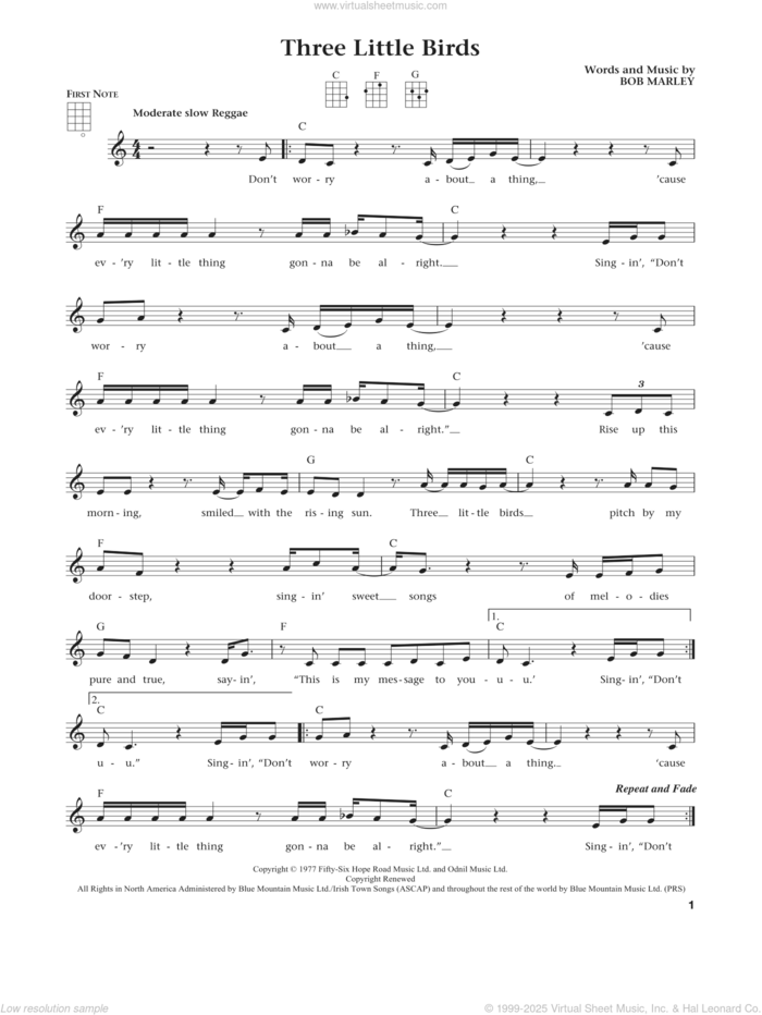 Three Little Birds (from The Daily Ukulele) (arr. Liz and Jim Beloff) sheet music for ukulele by Bob Marley, Jim Beloff and Liz Beloff, intermediate skill level