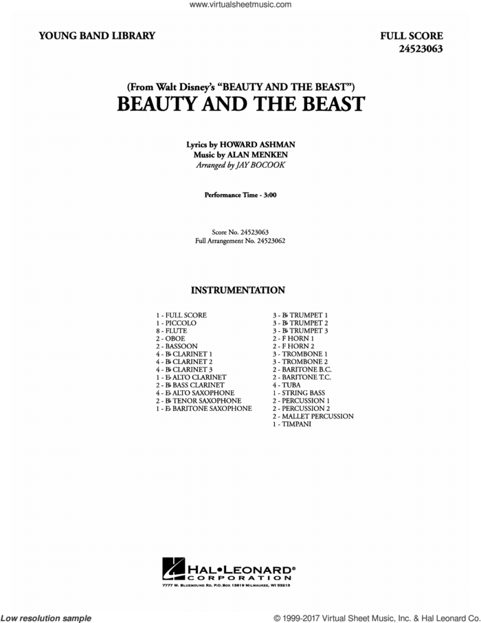 Beauty and the Beast (arr. Jay Bocook) (COMPLETE) sheet music for concert band by Alan Menken, Alan Menken & Howard Ashman, Celine Dion & Peabo Bryson, Howard Ashman and Jay Bocook, intermediate skill level