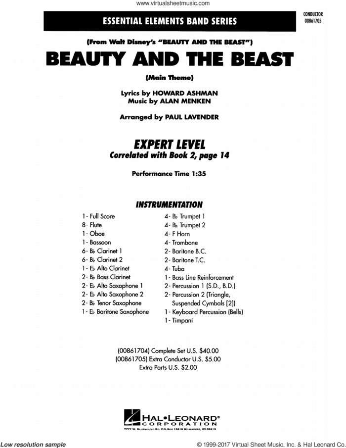 Beauty and the Beast (arr. Paul Lavender) (COMPLETE) sheet music for concert band by Alan Menken, Jay Bocook, Alan Menken & Howard Ashman, Howard Ashman, Paul Lavender and Celine Dion & Peabo Bryson, wedding score, intermediate skill level