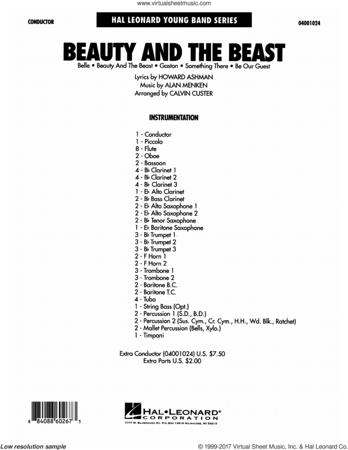 Beauty and the Beast (Medley) (COMPLETE) sheet music for concert band by Alan Menken, Calvin Custer and Howard Ashman, intermediate skill level