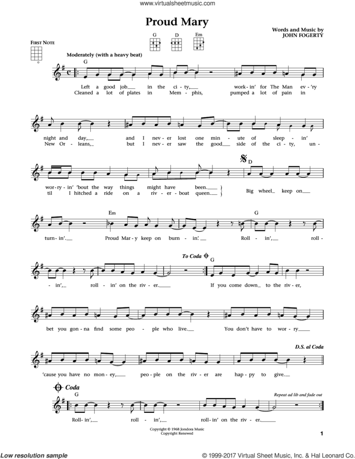 Proud Mary (from The Daily Ukulele) (arr. Liz and Jim Beloff) sheet music for ukulele by Creedence Clearwater Revival, Jim Beloff, Liz Beloff, Ike & Tina Turner and John Fogerty, intermediate skill level