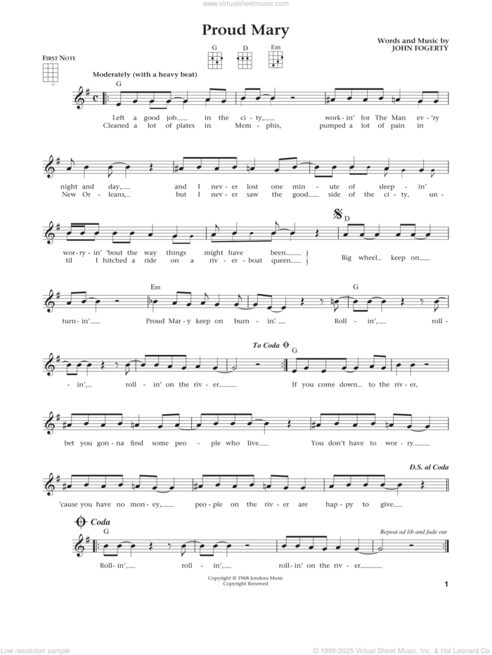 Proud Mary (from The Daily Ukulele) (arr. Liz and Jim Beloff) sheet music for ukulele by Creedence Clearwater Revival, Jim Beloff, Liz Beloff, Ike & Tina Turner and John Fogerty, intermediate skill level