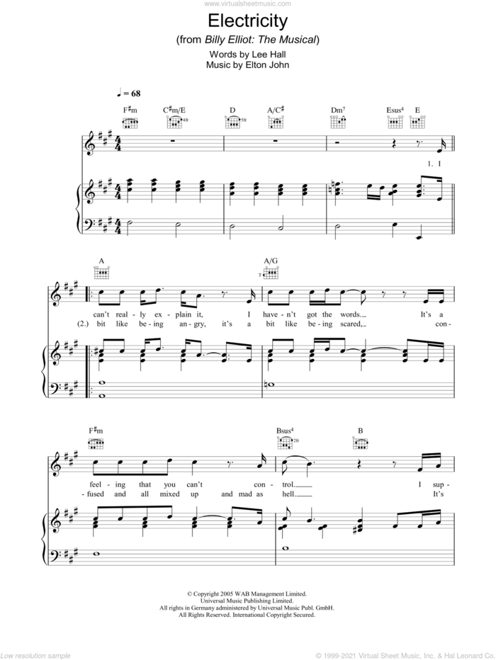 Electricity sheet music for voice, piano or guitar by Elton John, Billy Elliot (Musical) and Lee Hall, intermediate skill level