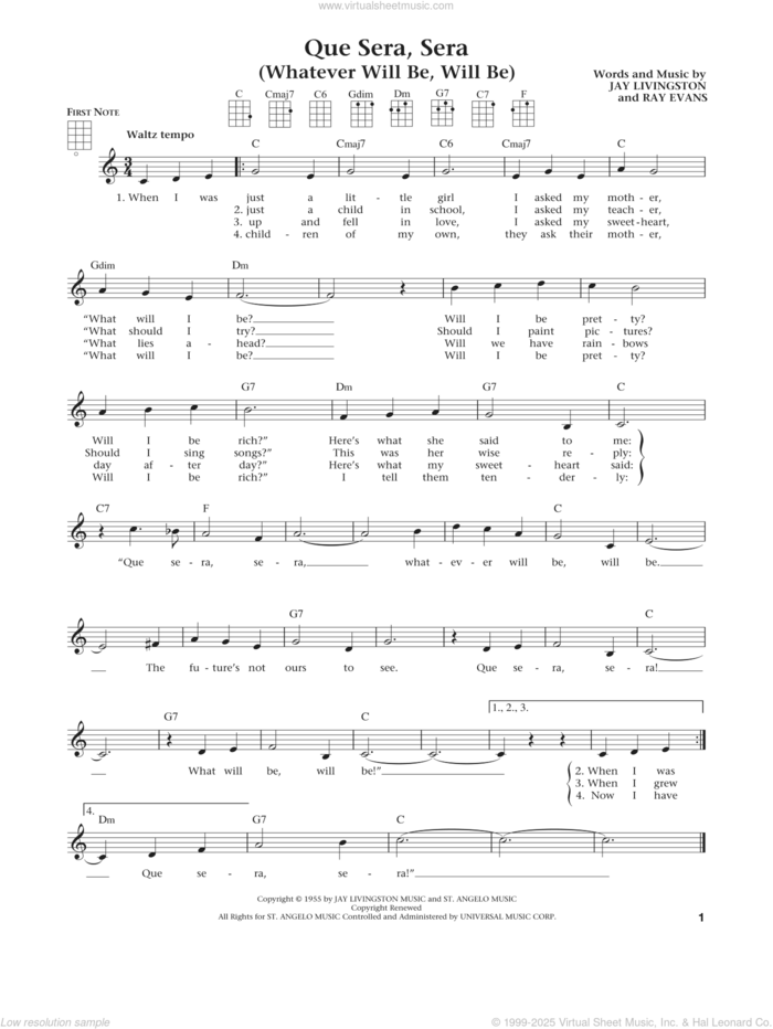 Que Sera, Sera (Whatever Will Be, Will Be) (from The Daily Ukulele) (arr. Liz and Jim Beloff) sheet music for ukulele by Jay Livingston, Jim Beloff, Liz Beloff, Doris Day and Raymond B. Evans, intermediate skill level