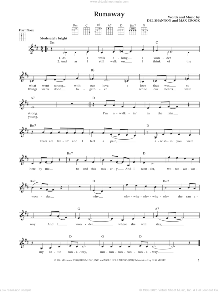 Runaway (from The Daily Ukulele) (arr. Liz and Jim Beloff) sheet music for ukulele by Del Shannon, Jim Beloff, Liz Beloff and Max Crook, intermediate skill level