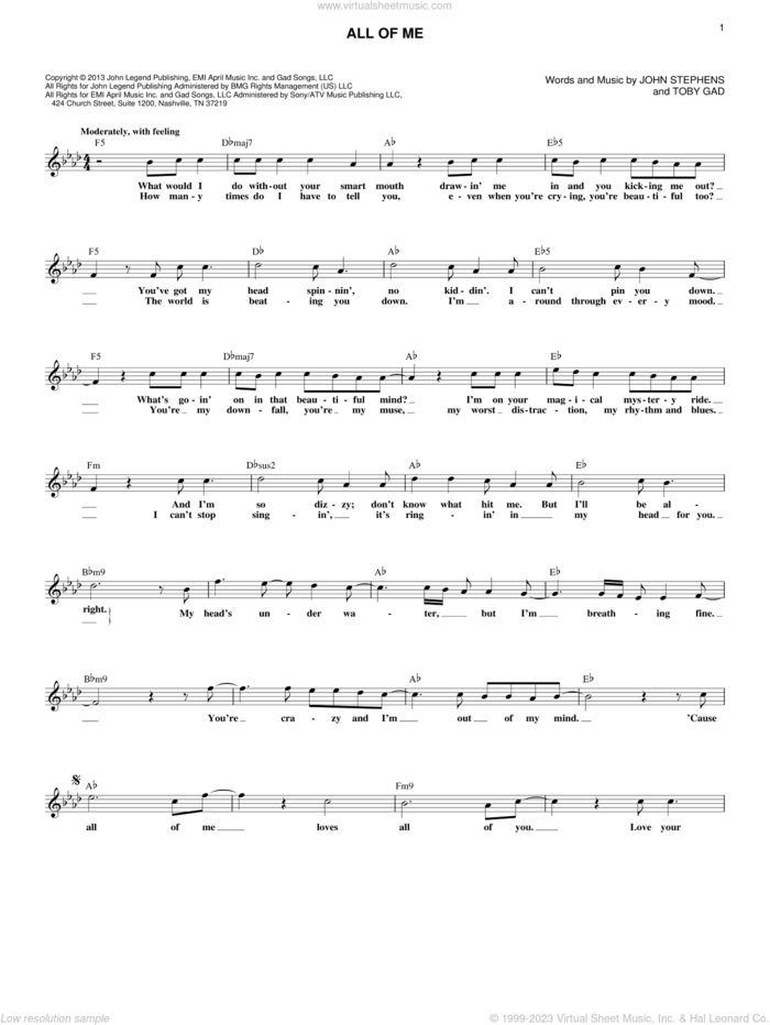 All Of Me sheet music for voice and other instruments (fake book) by John Legend, John Stephens and Toby Gad, wedding score, intermediate skill level