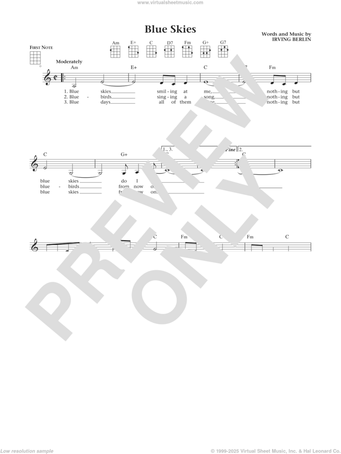 Blue Skies (from The Daily Ukulele) (arr. Liz and Jim Beloff) sheet music for ukulele by Irving Berlin, Jim Beloff, Liz Beloff and Willie Nelson, intermediate skill level