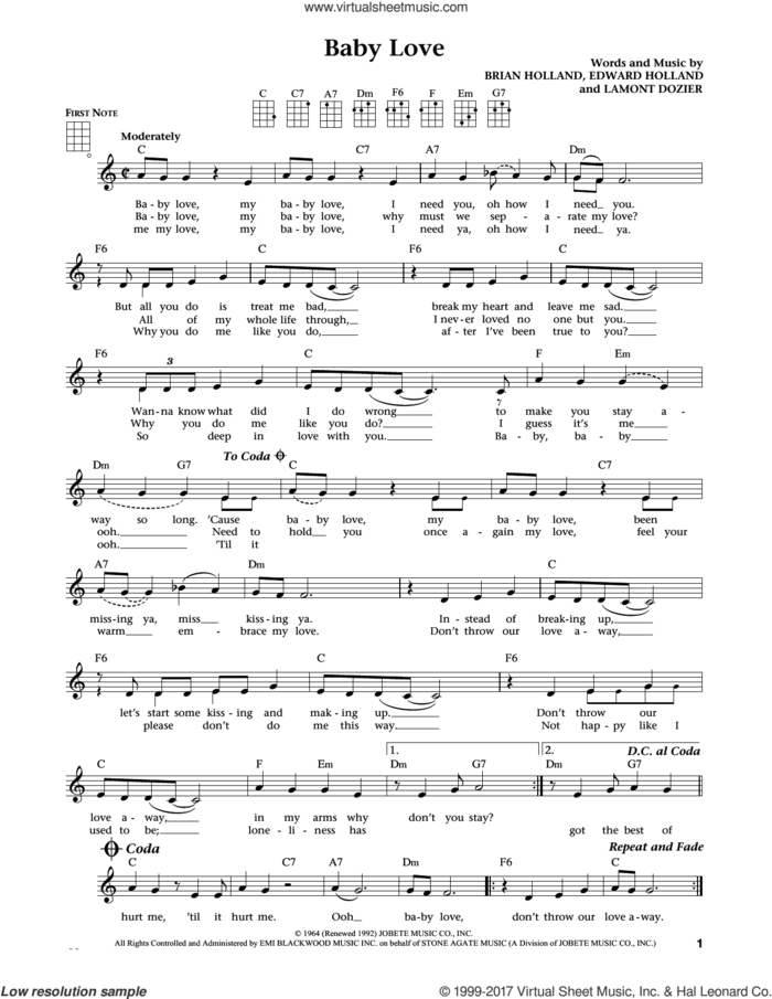 Baby Love (from The Daily Ukulele) (arr. Liz and Jim Beloff) sheet music for ukulele by The Supremes, Jim Beloff, Liz Beloff, Brian Holland, Edward Holland Jr. and Lamont Dozier, intermediate skill level