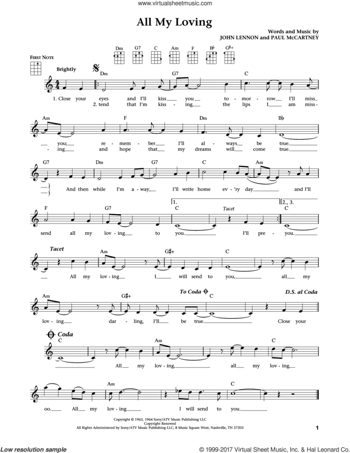 All My Loving (from The Daily Ukulele) (arr. Liz and Jim Beloff) sheet music for ukulele by The Beatles, Jim Beloff and Liz Beloff, intermediate skill level