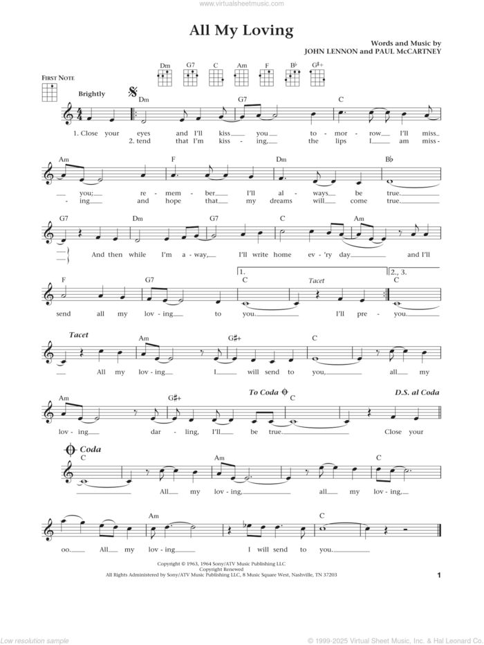 All My Loving (from The Daily Ukulele) (arr. Liz and Jim Beloff) sheet music for ukulele by The Beatles, Jim Beloff and Liz Beloff, intermediate skill level