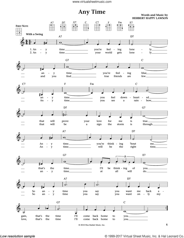 Any Time (from The Daily Ukulele) (arr. Liz and Jim Beloff) sheet music for ukulele by Herbert Happy Lawson, Jim Beloff, Liz Beloff and Eddy Arnold, intermediate skill level
