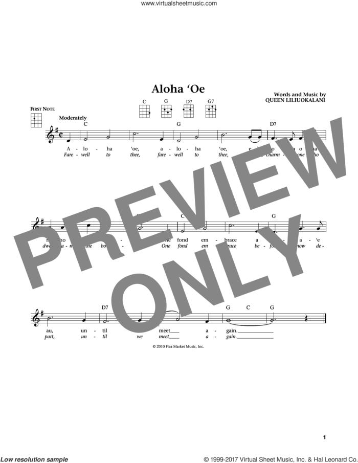 Aloha Oe (from The Daily Ukulele) (arr. Liz and Jim Beloff) sheet music for ukulele by Queen Liliuokalani, Jim Beloff and Liz Beloff, intermediate skill level