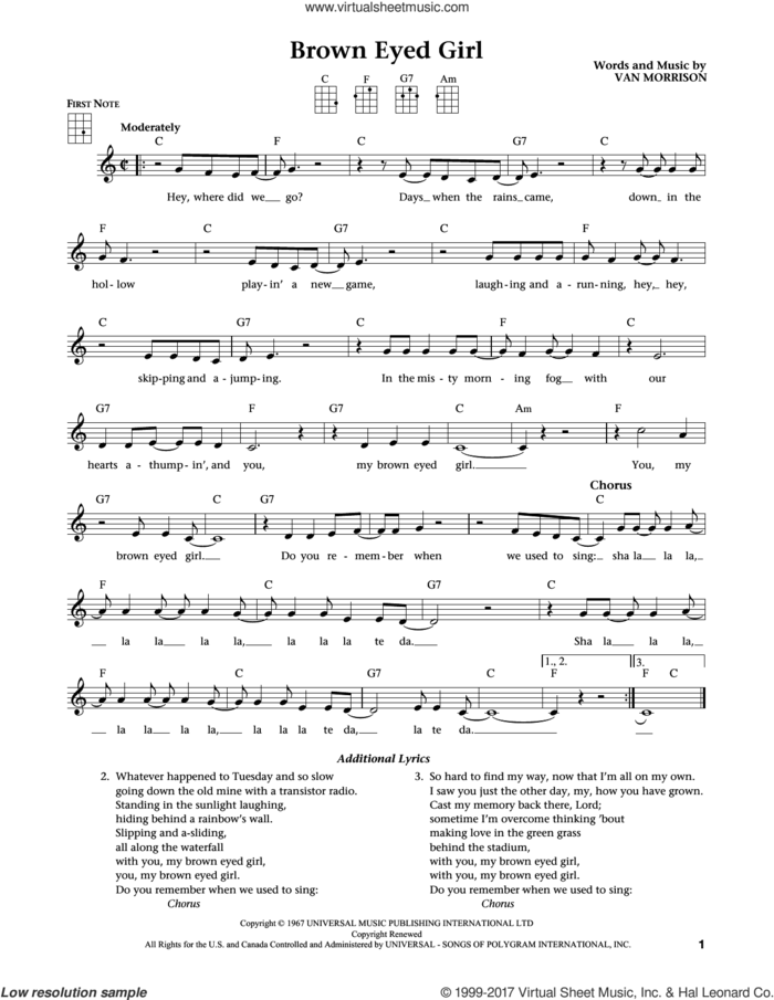 Brown Eyed Girl (from The Daily Ukulele) (arr. Liz and Jim Beloff) sheet music for ukulele by Van Morrison, Jim Beloff and Liz Beloff, intermediate skill level