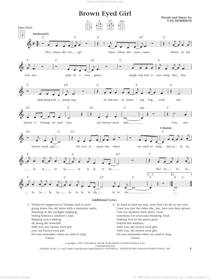 Brown Eyed Girl (from The Daily Ukulele) (arr. Liz and Jim Beloff) sheet music for ukulele by Van Morrison, Jim Beloff and Liz Beloff, intermediate skill level