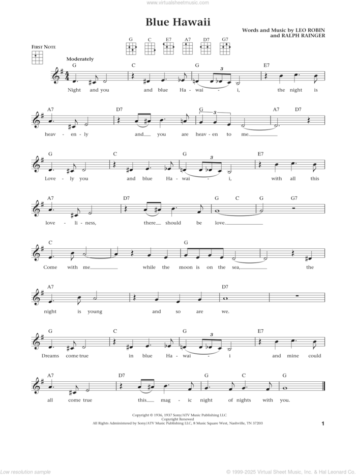 Blue Hawaii (from The Daily Ukulele) (arr. Liz and Jim Beloff) sheet music for ukulele by Elvis Presley, Jim Beloff, Liz Beloff, Billy Vaughn, Leo Robin and Ralph Rainger, intermediate skill level