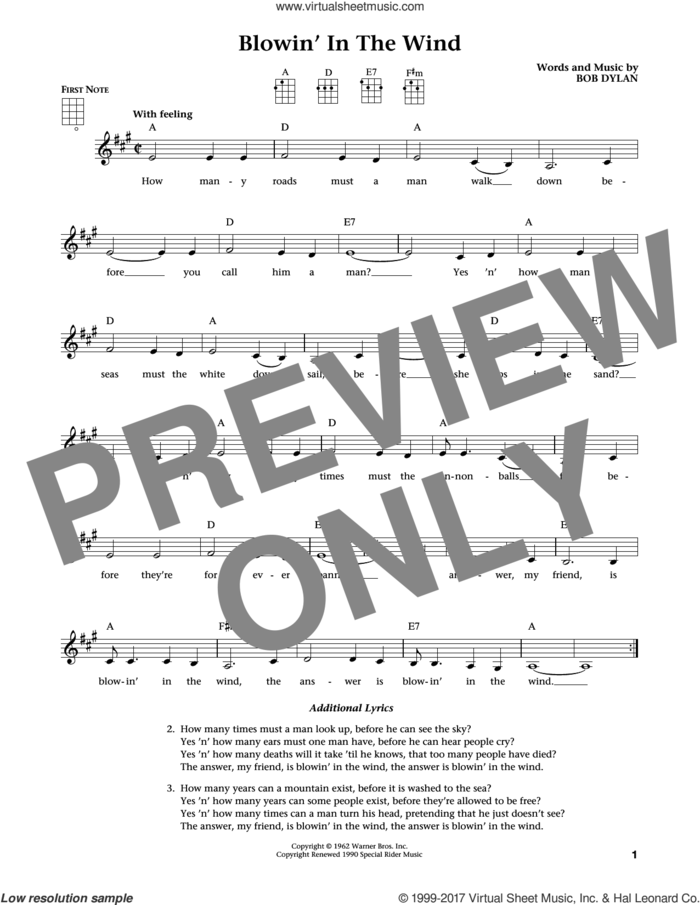 Blowin' In The Wind (from The Daily Ukulele) (arr. Liz and Jim Beloff) sheet music for ukulele by Bob Dylan, Jim Beloff and Liz Beloff, intermediate skill level