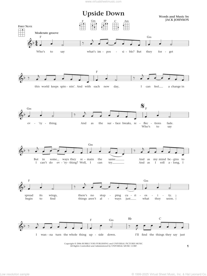 Upside Down (from The Daily Ukulele) (arr. Liz and Jim Beloff) sheet music for ukulele by Jack Johnson, Jim Beloff and Liz Beloff, intermediate skill level