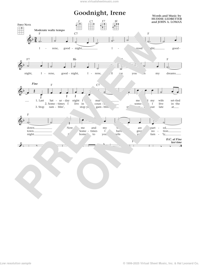 Goodnight, Irene (from The Daily Ukulele) (arr. Liz and Jim Beloff) sheet music for ukulele by Ernest Tubb & Red Foley, Jim Beloff, Johnny Cash, Liz Beloff, Peter, Paul & Mary, Huddie Ledbetter and John A. Lomax, intermediate skill level