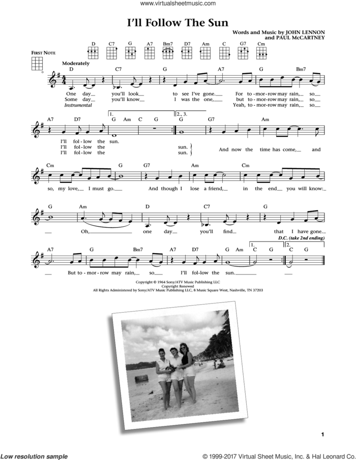 I'll Follow The Sun (from The Daily Ukulele) (arr. Liz and Jim Beloff) sheet music for ukulele by The Beatles, Jim Beloff, Liz Beloff, John Lennon and Paul McCartney, intermediate skill level