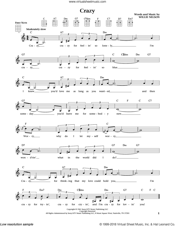 Crazy (from The Daily Ukulele) (arr. Liz and Jim Beloff) sheet music for ukulele by Patsy Cline, Jim Beloff, Liz Beloff and Willie Nelson, intermediate skill level
