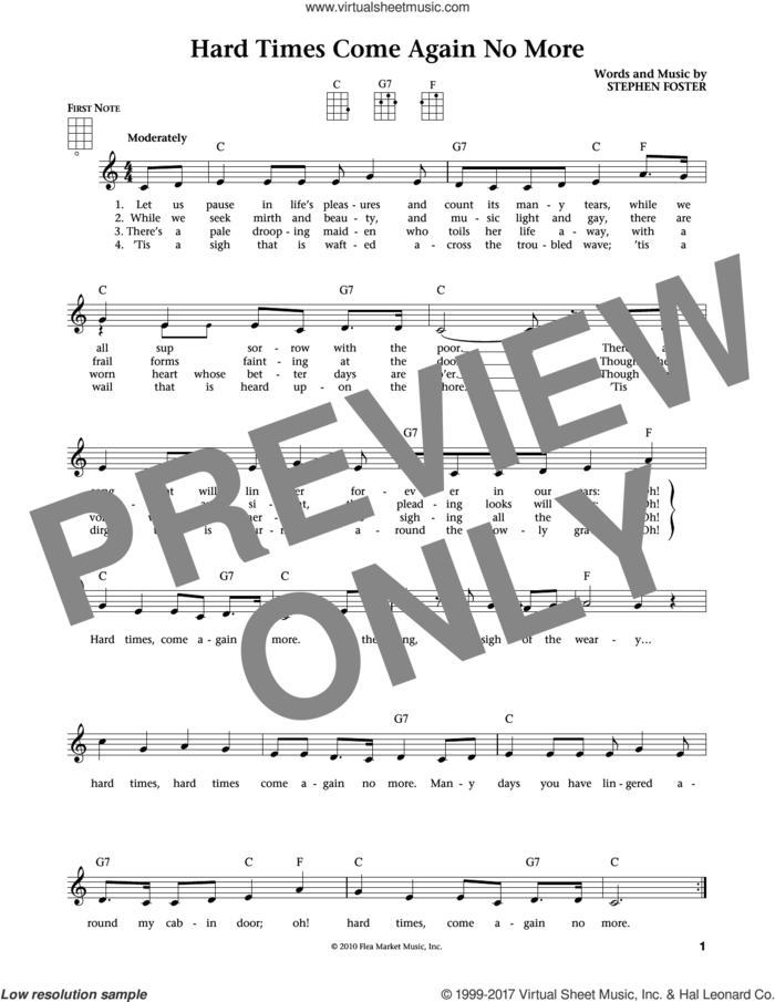 Hard Times Come Again No More (from The Daily Ukulele) (arr. Liz and Jim Beloff) sheet music for ukulele by Stephen Foster, Jim Beloff and Liz Beloff, intermediate skill level