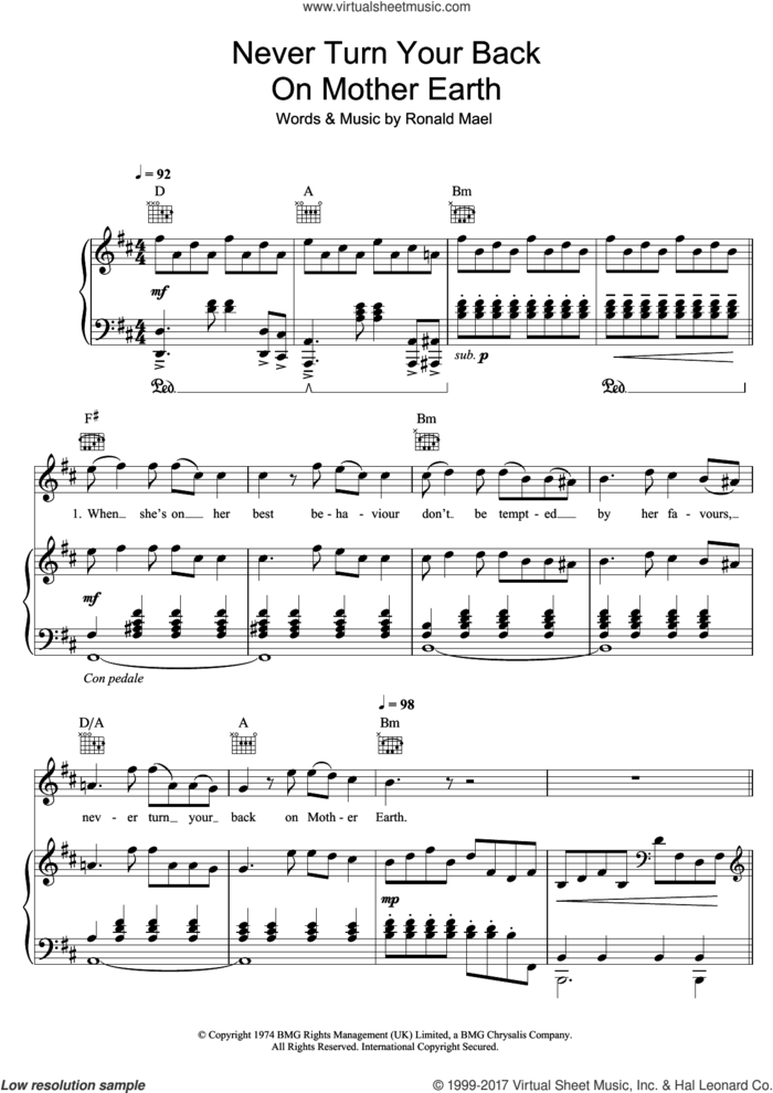 Never Turn Your Back On Mother Earth sheet music for voice, piano or guitar by Sparks and Ronald Mael, intermediate skill level