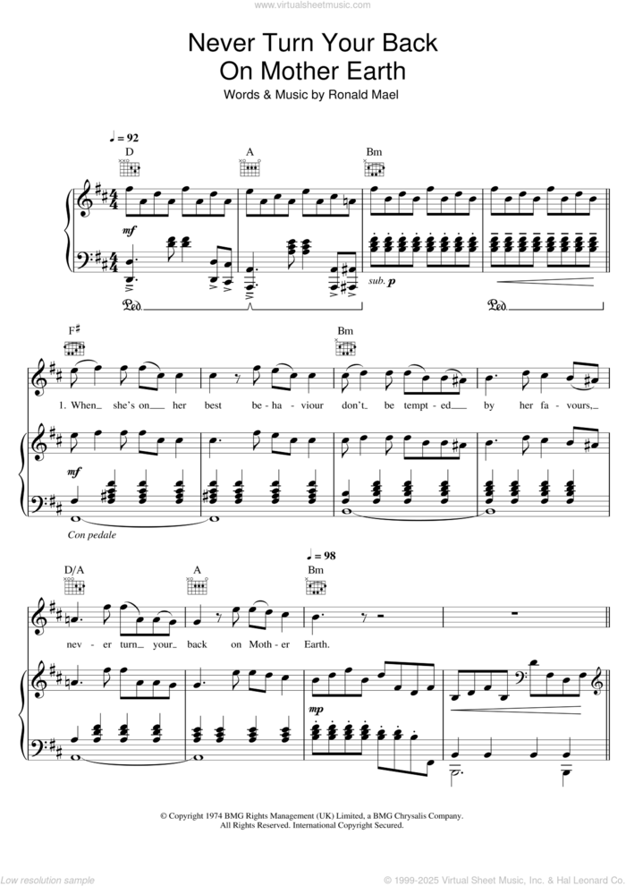 Never Turn Your Back On Mother Earth sheet music for voice, piano or guitar by Sparks and Ronald Mael, intermediate skill level