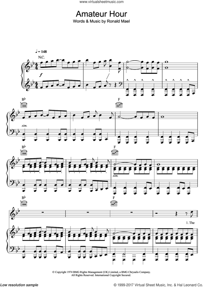 Amateur Hour sheet music for voice, piano or guitar by Sparks and Ronald Mael, intermediate skill level
