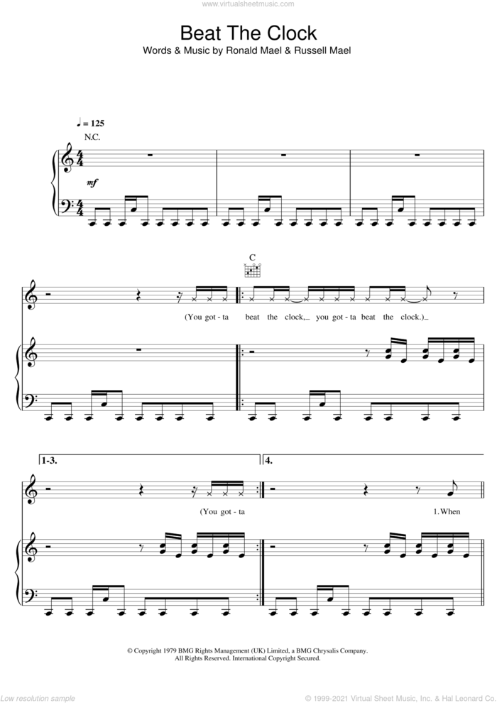 Beat The Clock sheet music for voice, piano or guitar by Sparks, Ronald Mael and Russell Mael, intermediate skill level