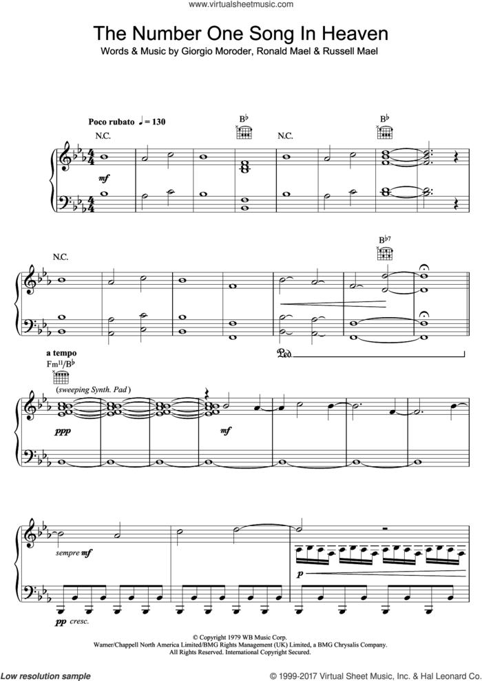 The Number One Song In Heaven sheet music for voice, piano or guitar by Sparks, Giorgio Moroder, Ronald Mael and Russell Mael, intermediate skill level