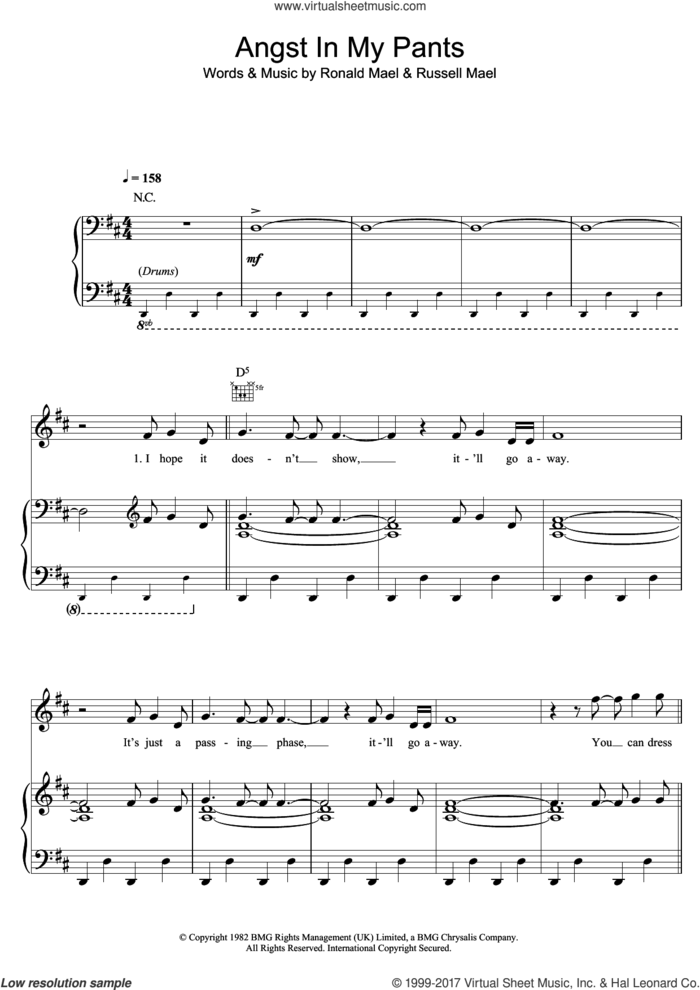 Angst In My Pants sheet music for voice, piano or guitar by Sparks, Ronald Mael and Russell Mael, intermediate skill level