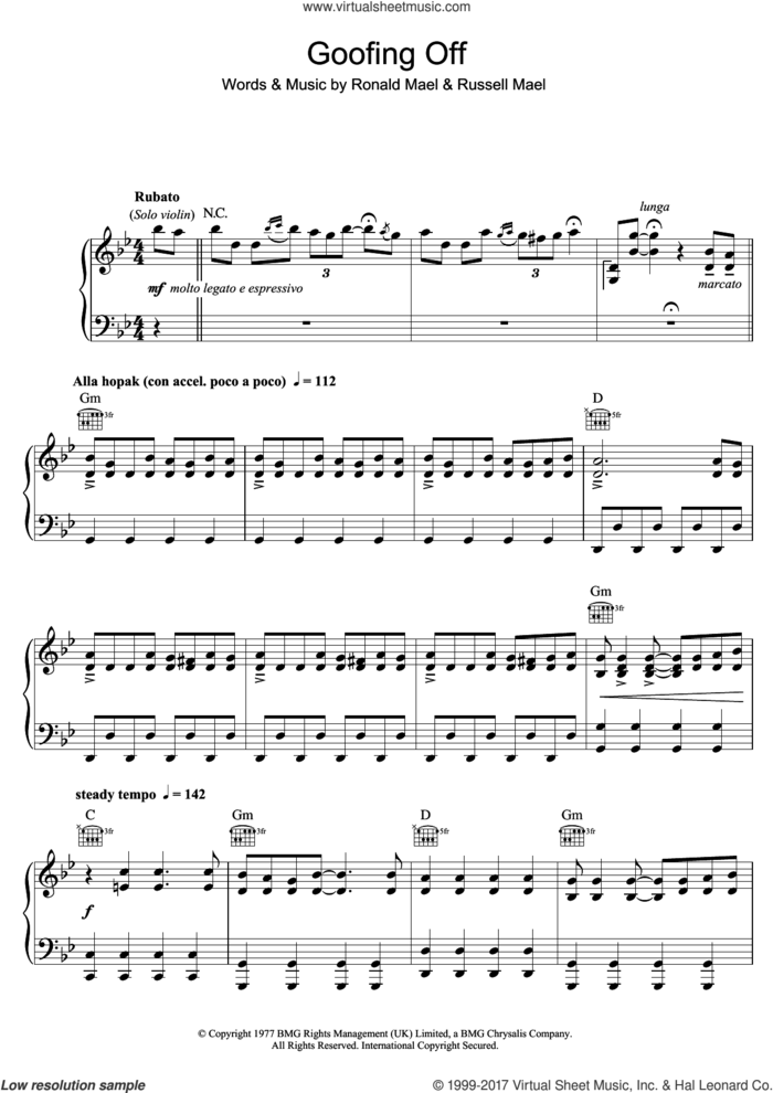 Goofing Off sheet music for voice, piano or guitar by Sparks, Ronald Mael and Russell Mael, intermediate skill level