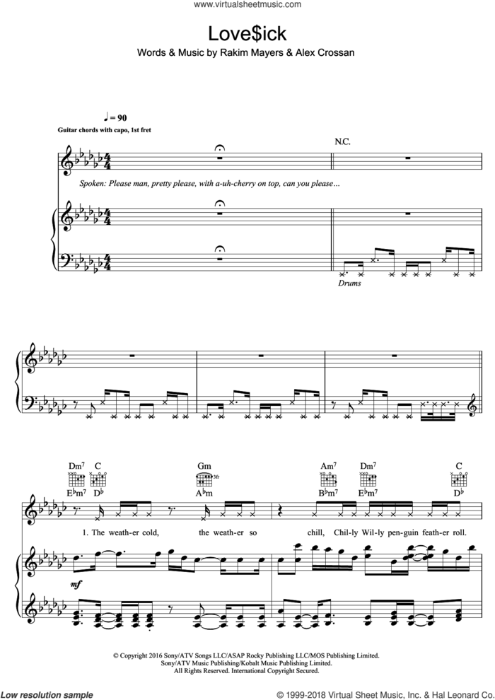 Love$ick (featuring A$AP Rocky) sheet music for voice, piano or guitar by Mura Masa, A$AP Rocky, Alex Crossan and Rakim Mayers, intermediate skill level