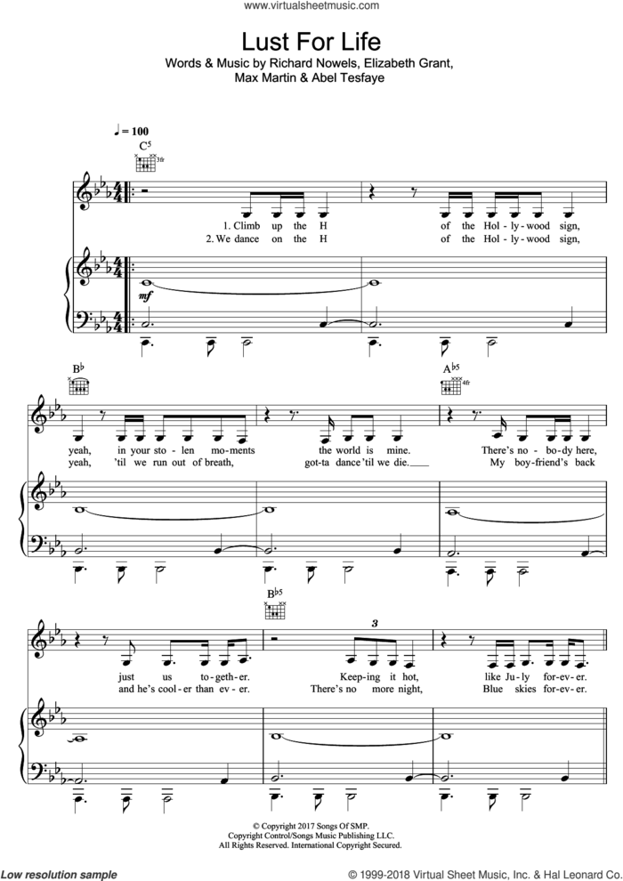 Lust For Life (featuring The Weeknd) sheet music for voice, piano or guitar by Lana Del Rey, The Weeknd, Abel Tesfaye, Elizabeth Grant and Rick Nowels, intermediate skill level