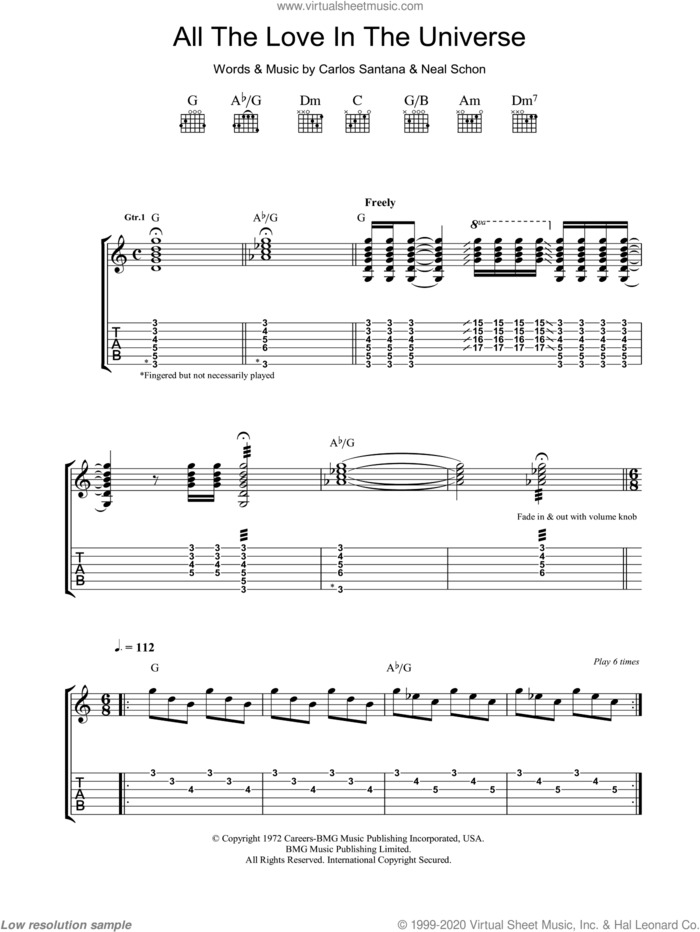 All The Love In The Universe sheet music for guitar (tablature) by Carlos Santana and Neal Schon, intermediate skill level