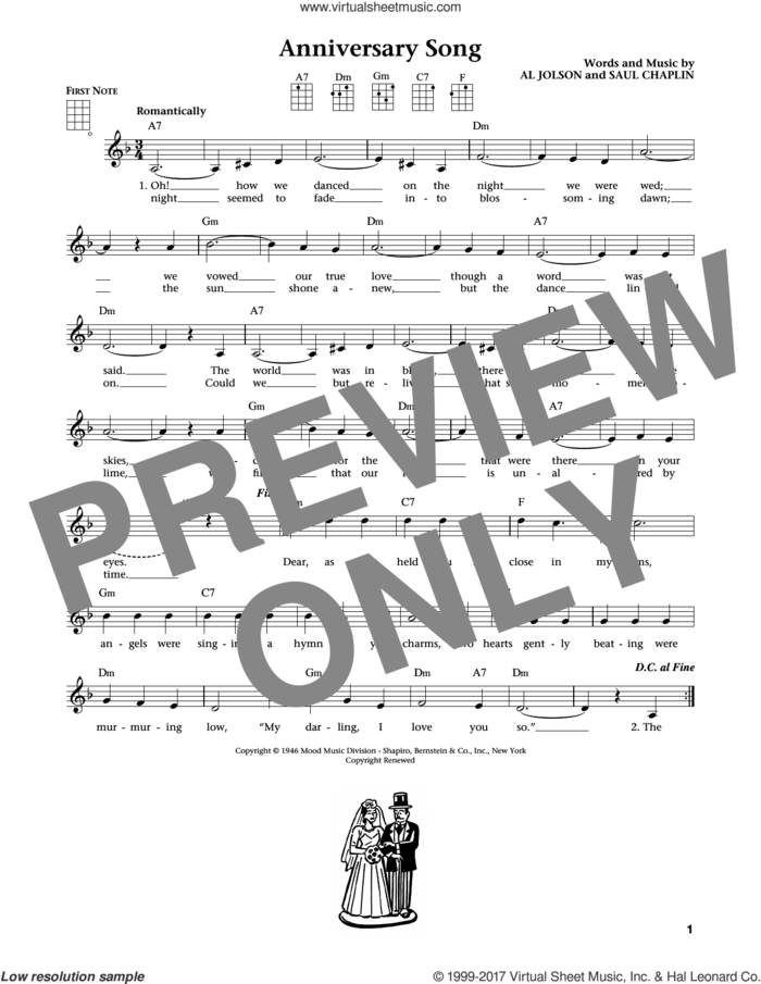 Anniversary Song (from The Daily Ukulele) (arr. Liz and Jim Beloff) sheet music for ukulele by Al Jolson, Jim Beloff, Liz Beloff and Saul Chaplin, intermediate skill level