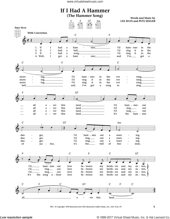 If I Had A Hammer (The Hammer Song) (from The Daily Ukulele) (arr. Liz and Jim Beloff) sheet music for ukulele by Peter, Paul & Mary, Jim Beloff, Liz Beloff, Trini Lopez, Lee Hays and Pete Seeger, intermediate skill level